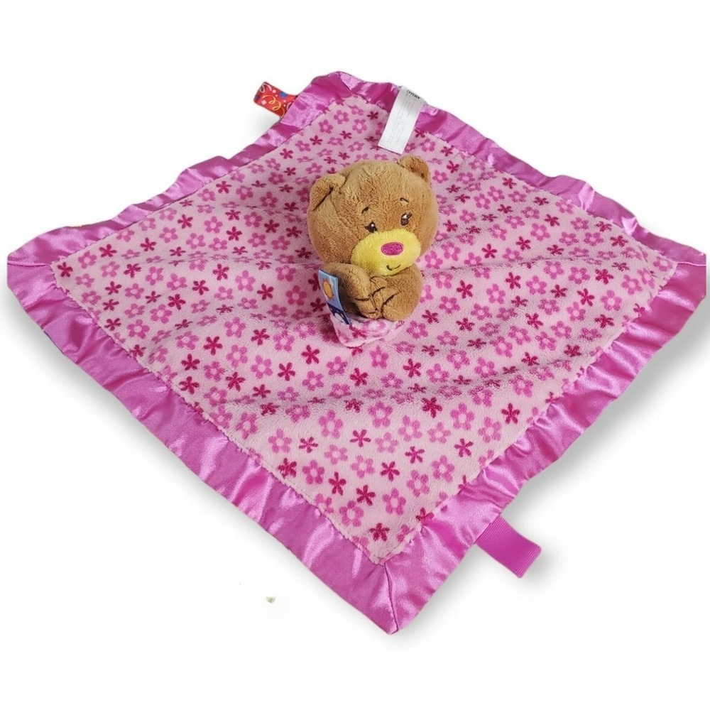 Taggies Bear Flowers Pink Hugging Baby Blanket Girls Satin Security Lovey